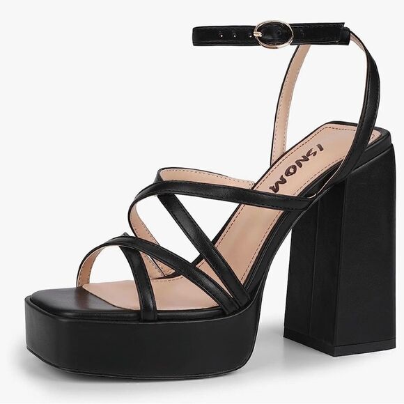 ISNOM Platform Chunky Block Heel Sandals with Open Square Toe size 7 - Picture 2 of 11